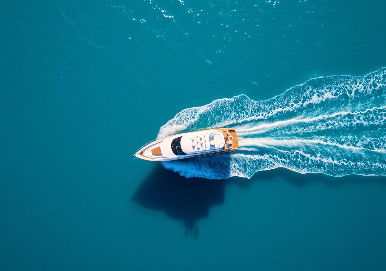 Aerial view of a superyacht cruising along a Mediterranean coastline