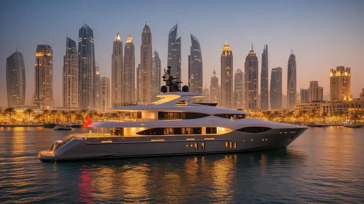 Dubai skyline with luxury charter yachts
