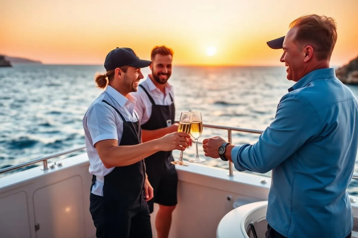 Yacht crew members providing exceptional guest service at sunset
