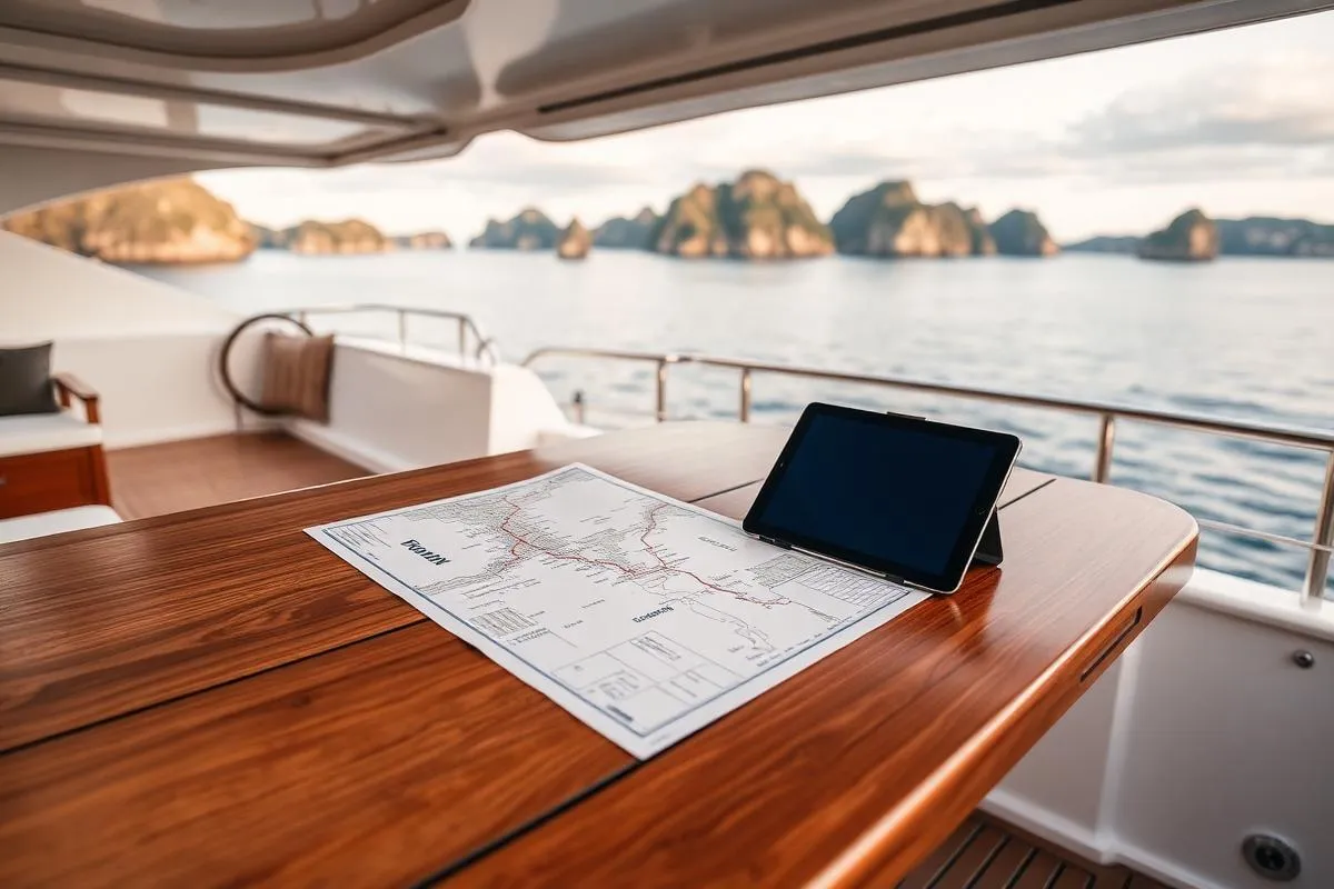 Charter itinerary planning with map and tablet on yacht deck