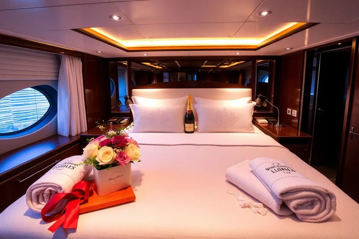 Personalised luxury yacht cabin with welcome champagne and flowers