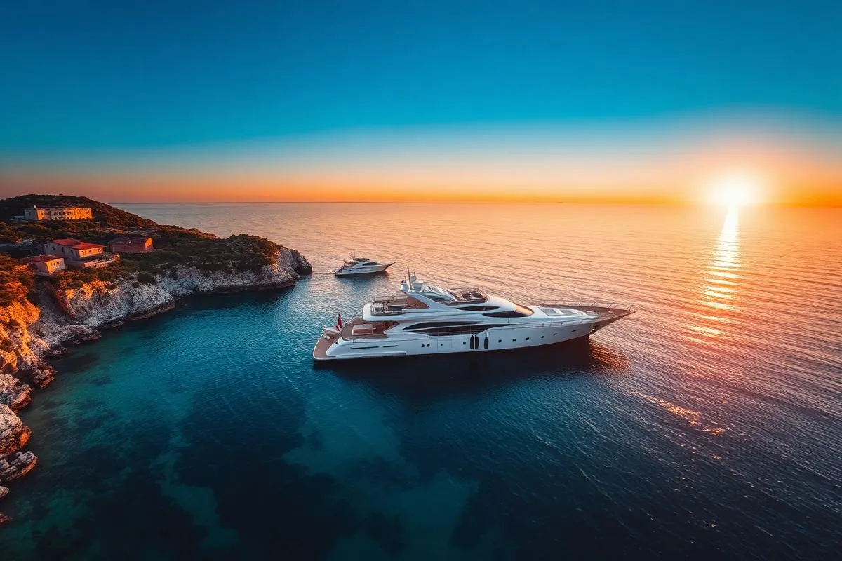 Luxury yacht anchored in a secluded Mediterranean cove at sunset