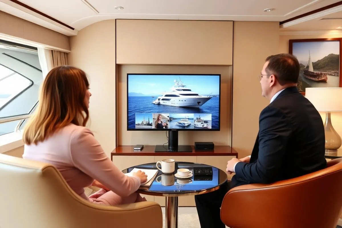 Professional charter consultation with clients viewing yacht options