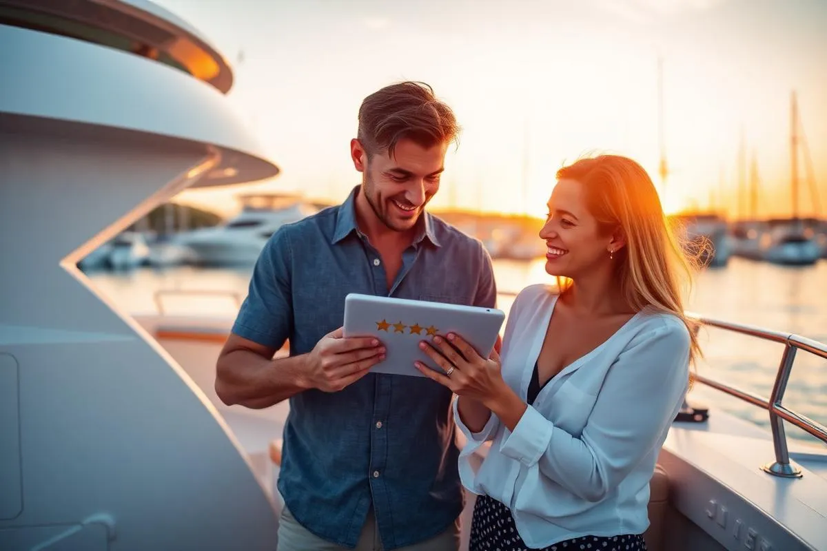 Happy couple reviewing charter experience on tablet at marina