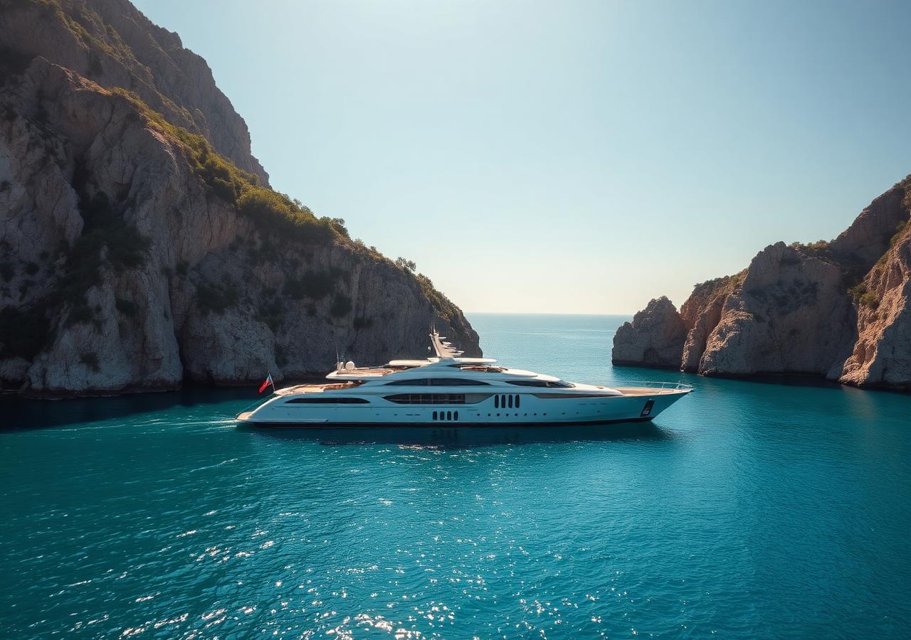 Charter yacht cruising past a rocky Mediterranean coastline at golden hour