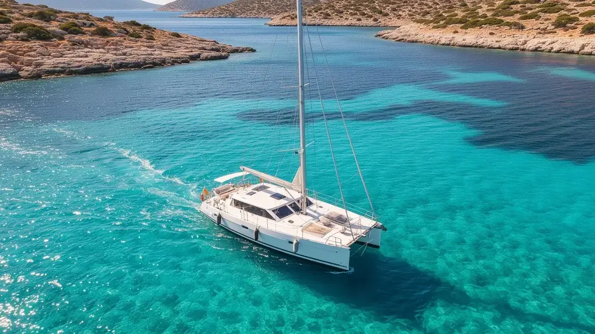 Bareboat yacht cruising turquoise Greek island waters