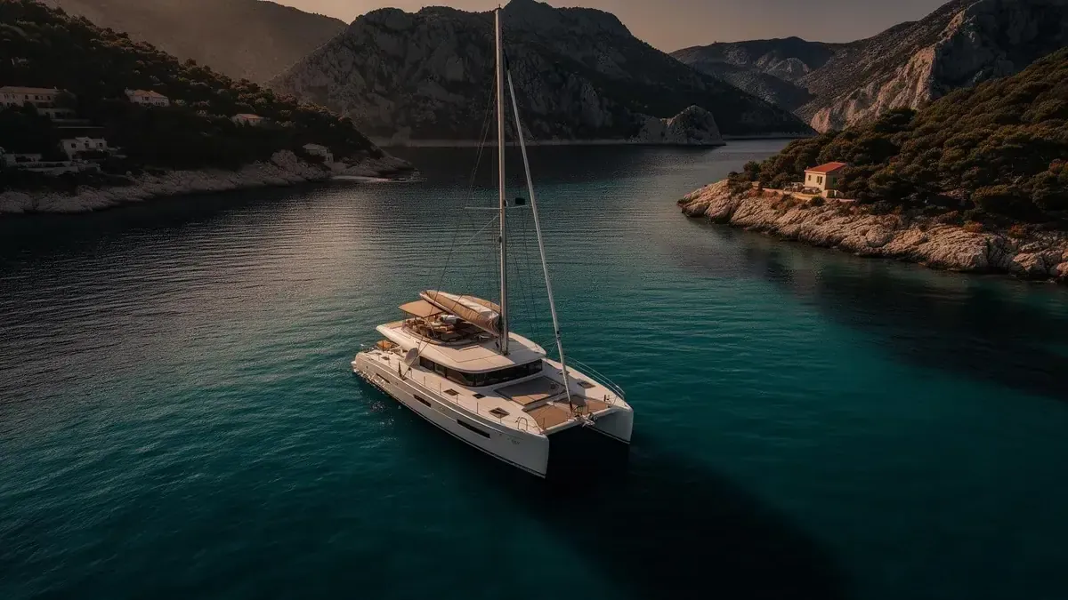 Luxury catamaran sailing through turquoise Croatian Adriatic waters