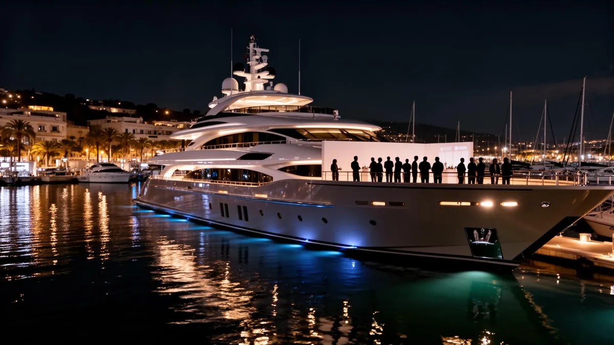 Luxury superyacht illuminated at night for corporate event