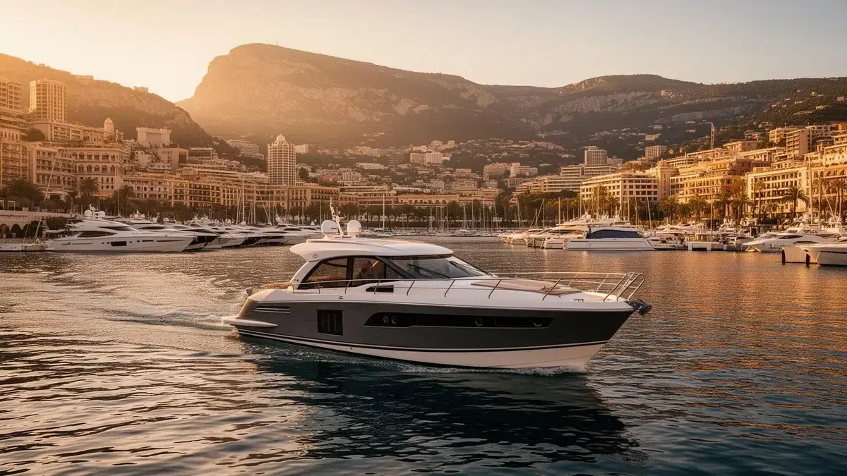 Day charter yacht cruising Mediterranean harbour at golden hour
