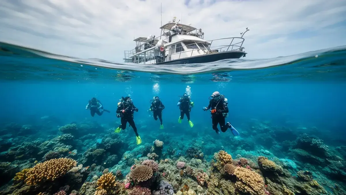 Red Sea dive charter with divers descending to coral reef