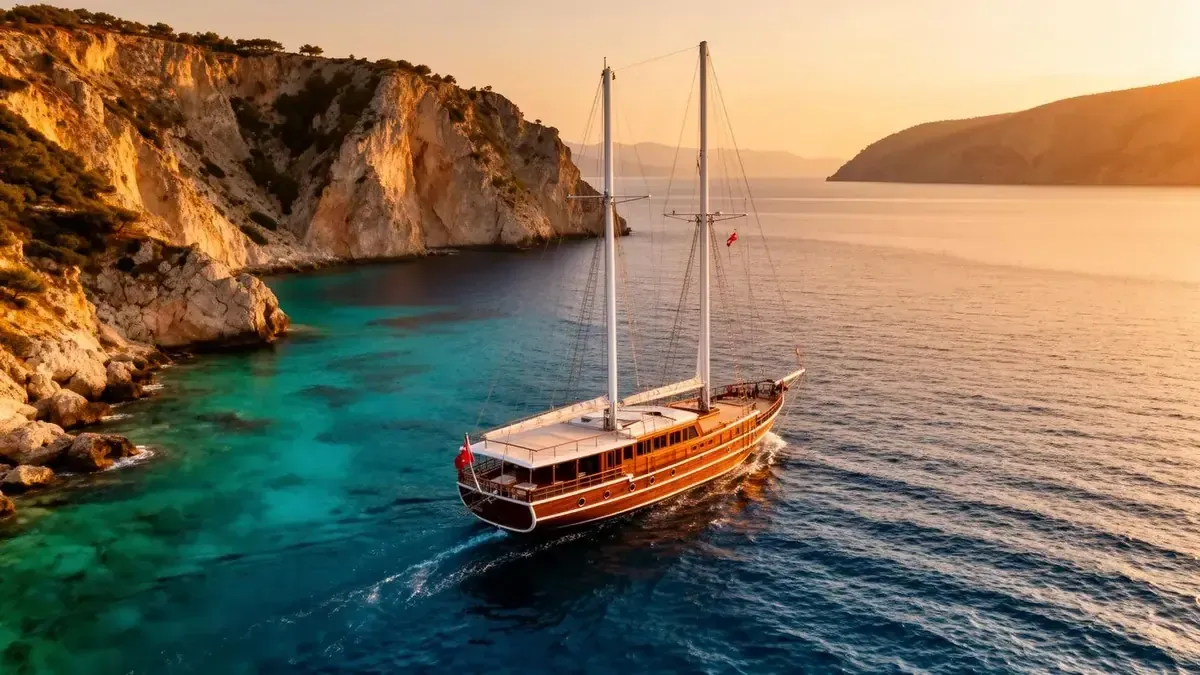 Traditional wooden gulet sailing along Turkish coastline at golden hour