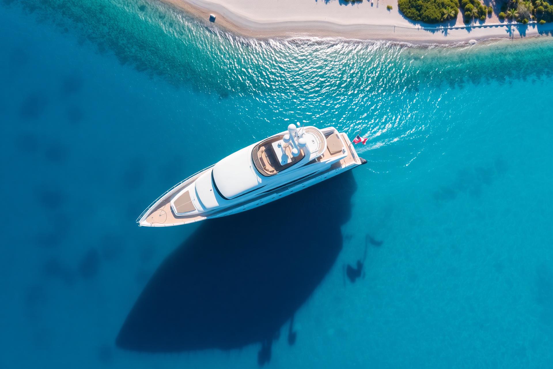 Aerial view of a superyacht in a turquoise Mediterranean bay