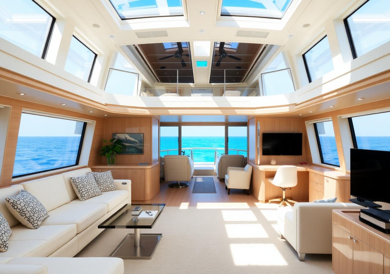 Interior salon of a superyacht styled for a private charter
