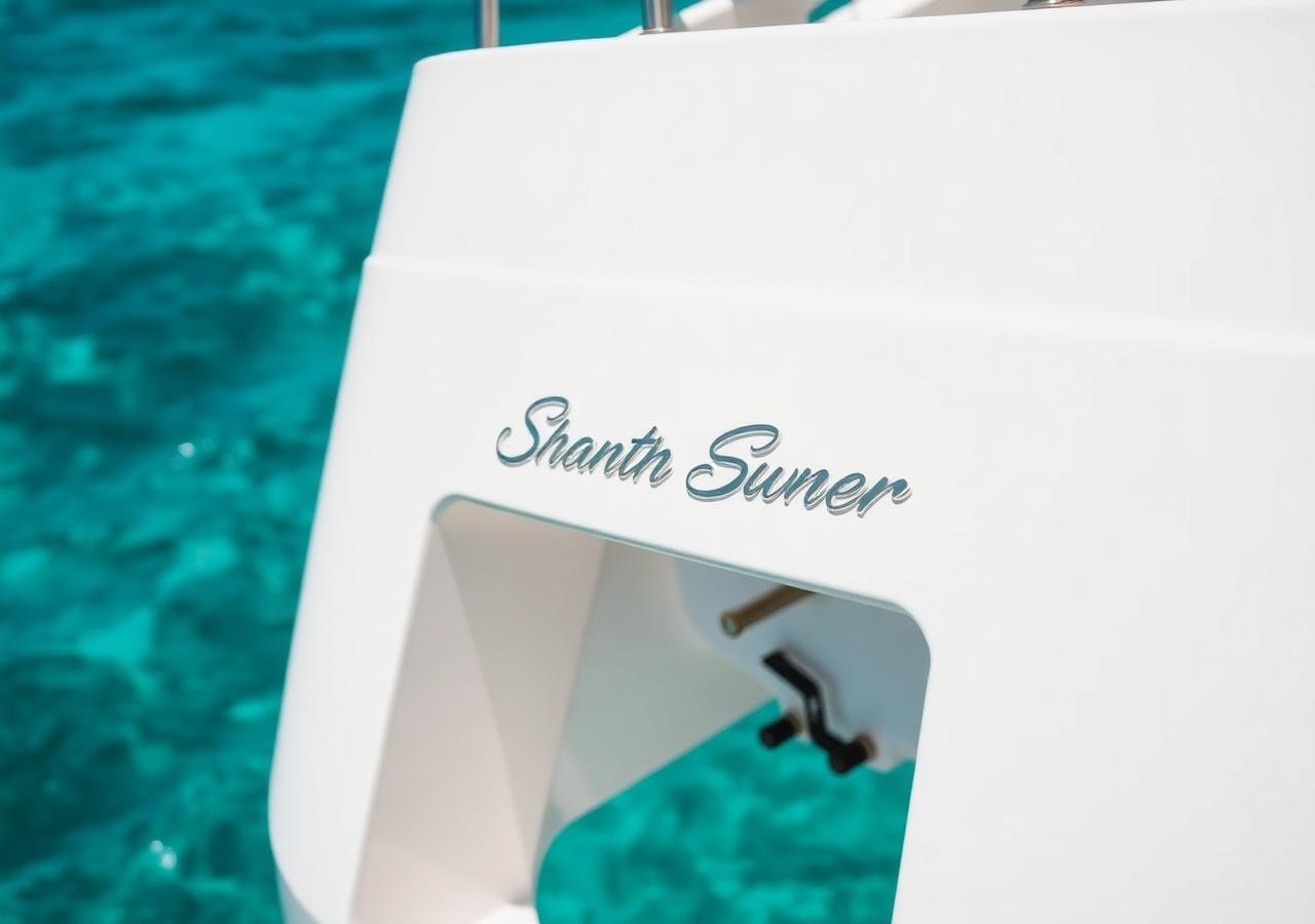 Stern view of a luxury charter yacht at anchor in a turquoise bay